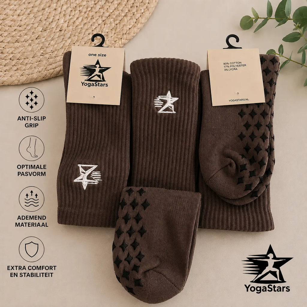 3-Pack Reformer Pilates Grip Sokken Espresso Elegantie Yogastars.nl