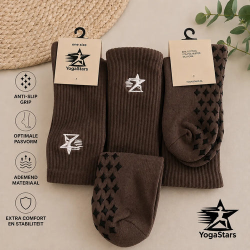 3-Pack Reformer Pilates Grip Sokken Espresso Elegantie Yogastars.nl