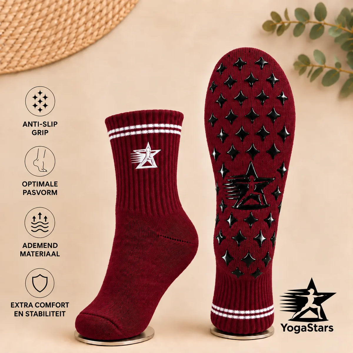 Reformer Pilates Grip Socks low neck Ruby red Yogastars.nl