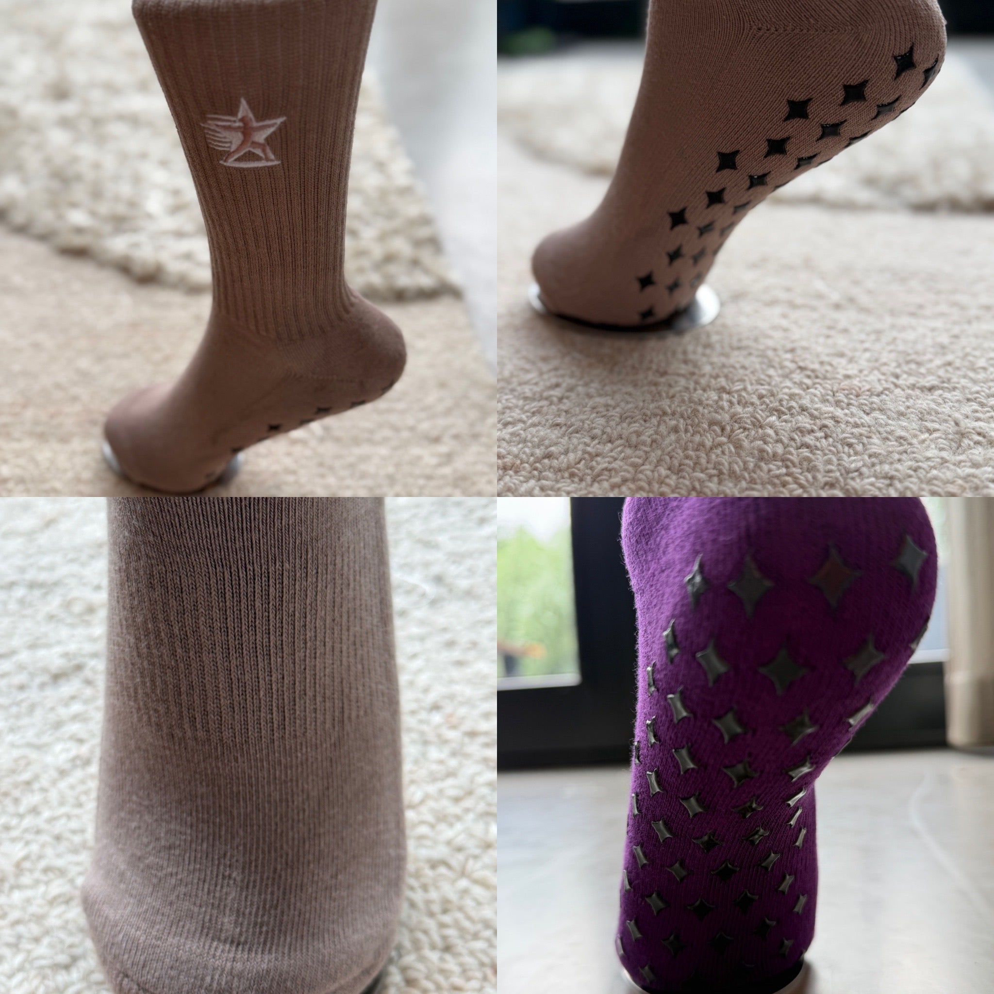 Four-panel image showing Yoga Stars grip socks with star logos and non-slip soles in brown and purple.