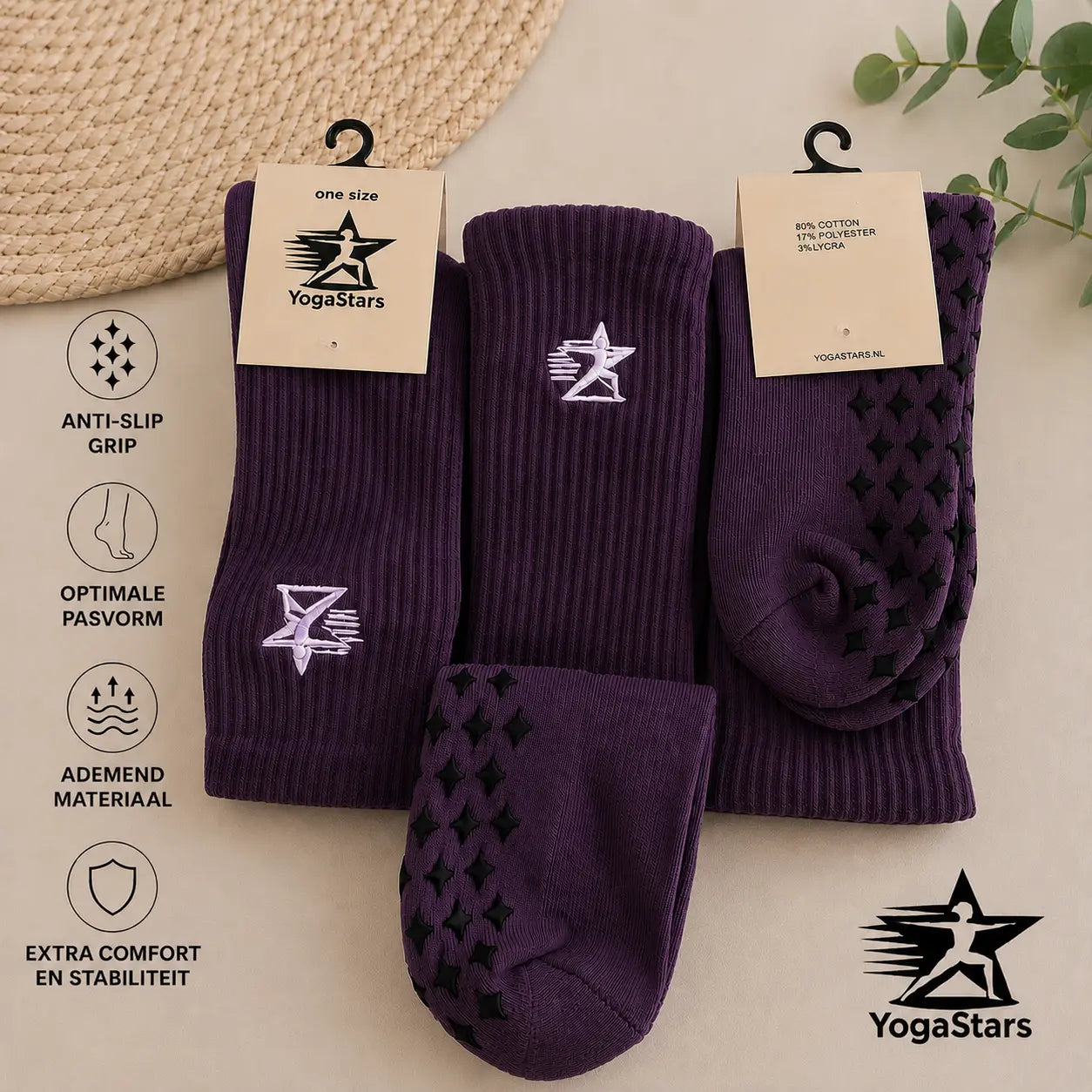 3-Pack Reformer Pilates Grip Sokken Purple Pulse Yogastars.nl