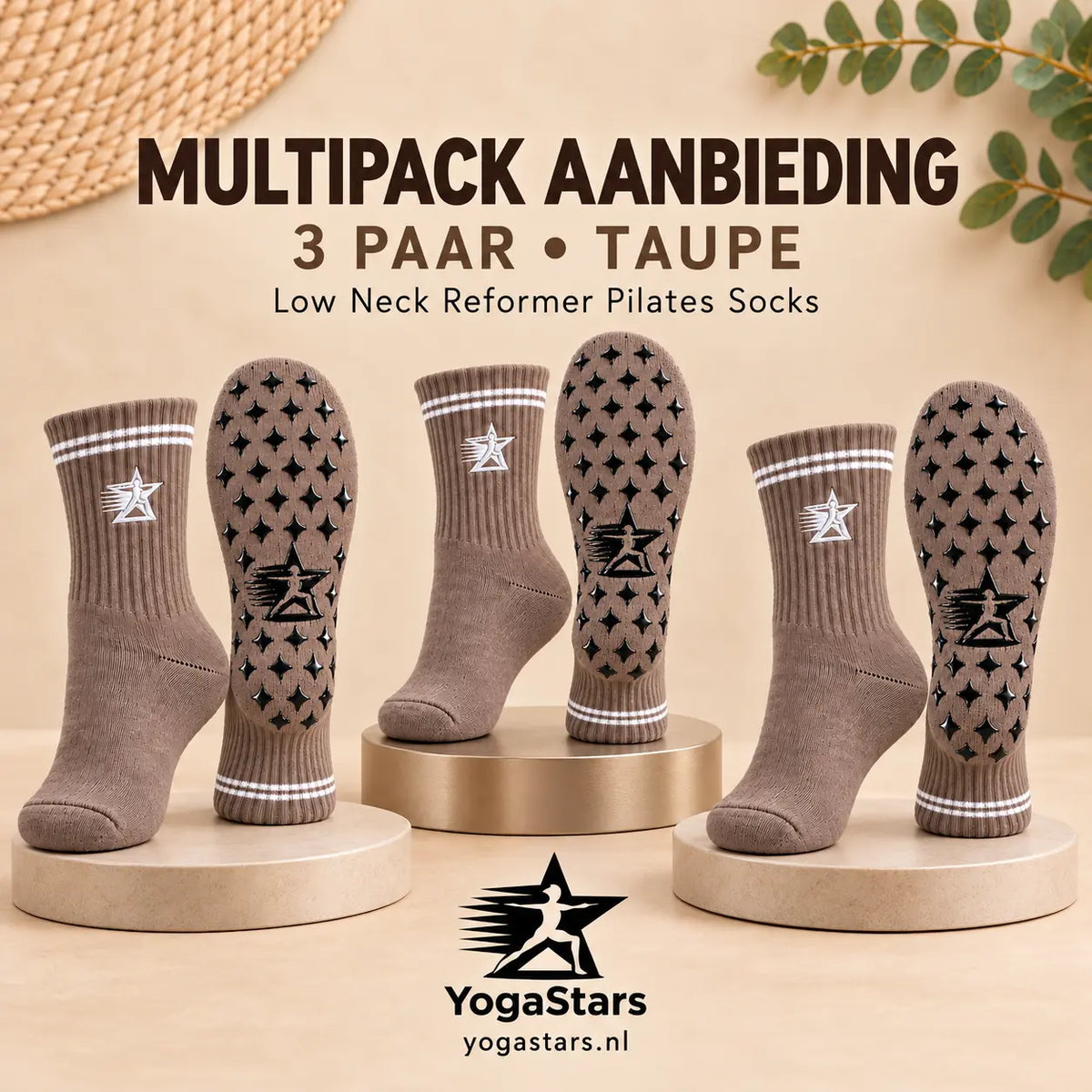 3-Pack Reformer Pilates Grip Socks low neck 12cm Truffle taupe Yogastars.nl