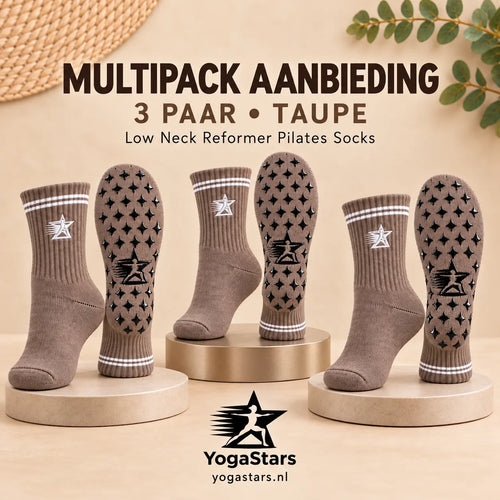 3-Pack Reformer Pilates Grip Socks low neck 12cm Truffle taupe Yogastars.nl