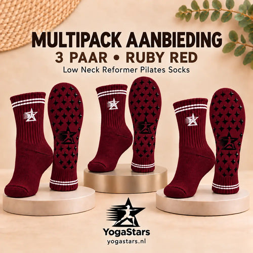 3-Pack Reformer Pilates Grip Socks low neck 12cm Ruby Red Yogastars.nl