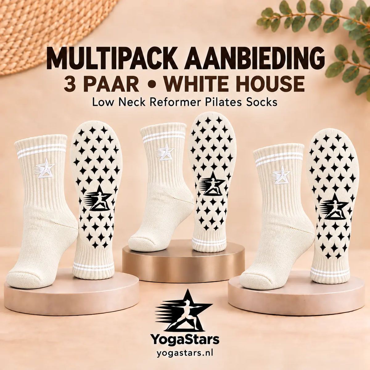 3-Pack Reformer Pilates Grip Socks low neck 12cm White House Yogastars.nl